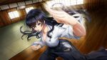  1girl black_hair blue_eyes clenched_hand dolphin_wave dougi feet_out_of_frame flat_chest game_cg hagane_otsuki hair_between_eyes highres indoors japanese_clothes karate_gi long_hair martial_arts motion_blur official_art open_clothes open_shirt solo tatami 