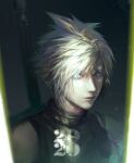  1boy armor blonde_hair blue_hair buster_sword cloud_strife dated final_fantasy final_fantasy_vii final_fantasy_vii_remake hair_between_eyes highres looking_at_viewer male_focus riio shaded_face short_hair shoulder_armor sleeveless sleeveless_turtleneck solo spiked_hair suspenders turtleneck upper_body weapon weapon_on_back 