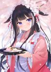  1girl animal_ears apron bangs bell black_hair blue_eyes blunt_bangs blurry breasts cherry_blossoms closed_mouth cloud depth_of_field floppy_ears food frilled_apron frills hair_ornament highres holding japanese_clothes jingle_bell kanzashi kimono long_hair long_sleeves looking_at_viewer maid_apron maid_headdress medium_breasts nanotaro original petals pink_kimono rabbit_ears smile solo tray upper_body very_long_hair wa_maid wagashi wide_sleeves 