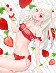  1girl bare_shoulders bekotarou bikini breasts criss-cross_halter food frilled_bikini frills fruit hair_ornament halterneck hand_up highres long_hair looking_at_viewer navel open_mouth original plaid plaid_bikini red_bikini red_eyes scrunchie small_breasts smile solo stomach strawberry swimsuit thighs two_side_up white_hair wrist_scrunchie 