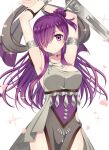  1girl armlet arms_up breasts cleavage dancer dress fire_emblem fire_emblem:_three_houses fire_emblem_warriors:_three_hopes hair_bun hair_over_one_eye highres official_alternate_costume purple_eyes purple_hair shawl shez_(fire_emblem) shez_(fire_emblem)_(female) shira_yu_ki single-shoulder_dress smile solo sword weapon 