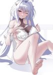  1girl absurdres ahoge bangs bare_shoulders bikini breasts fate/grand_order fate/prototype fate_(series) highres large_breasts long_hair looking_at_viewer merlin_(fate/prototype) musicatopos purple_eyes smile solo swimsuit thighs very_long_hair white_bikini white_hair 