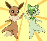  17:15 2022 3_toes biped black_nose brown_body brown_eyes brown_fur brown_tail cute_fangs digital_media_(artwork) dipstick_tail duo eevee eye_contact feet female female_anthro fur gesture green_body green_fur happy hi_res high_five looking_at_another markings neck_tuft nintendo open_mouth open_smile pazymomo pink_eyes pink_nose pink_tongue pok&eacute;mon pok&eacute;mon_(species) semi-anthro smile sprigatito standing tail_markings tan_body tan_fur toes tongue tuft video_games 