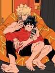  2boys artist_name bakugou_katsuki bare_arms barefoot bean_bag_chair black_shorts blonde_hair boku_no_hero_academia cellphone closed_mouth curtains flat_color freckles green_eyes green_hair holding holding_phone hood hoodie hug hug_from_behind indoors jewelry limited_palette looking_at_phone lying_on_person male_focus midoriya_izuku milmil_(wa_ten&#039;nendesu) multiple_boys phone red_eyes red_hoodie ring scar scar_on_hand shirt short_hair shorts sitting sleeveless sleeveless_shirt smartphone spiked_hair spread_legs v-shaped_eyebrows 