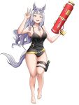  1girl :d absurdres animal_ears bare_legs barefoot black_swimsuit blush breasts cleavage collarbone commentary_request eyewear_on_head full_body gold_ship_(umamusume) grey_hair hands_up highres holding holding_water_gun horse_ears long_hair looking_at_viewer medium_breasts one-piece_swimsuit open_mouth pangtanto purple_eyes simple_background smile solo standing sunglasses swimsuit tail thigh_strap thighs umamusume very_long_hair w water_gun white_background yellow_belt 