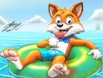  2022 anthro blue_bottomwear blue_clothing blue_shorts bottomwear candy canid canine cape clothed clothing cloud dessert digital_media_(artwork) floatie food fox hi_res lollipop lucky_the_fox male mammal open_mouth plantigrade sagadreams shorts signature sky solo super_lucky&#039;s_tale tongue tongue_out underpaw 