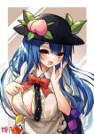 1girl absurdres bangs black_headwear blue_hair border bow bowtie breasts brown_background cleavage clothes_pull collared_shirt food fruit highres hinanawi_tenshi hira-san large_breasts leaf long_hair looking_at_viewer open_mouth peach pulled_by_self red_bow red_bowtie red_eyes shirt shirt_pull signature smile touhou upper_body white_border 