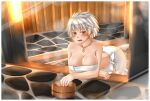  1girl areola_slip bangs bath bathing blush border breasts bucket cleavage collarbone commentary_request covered_nipples feet_out_of_frame highres jewelry kitsunerider large_breasts leaning_forward looking_at_viewer miyabi_(senran_kagura) necklace open_mouth senran_kagura senran_kagura_estival_versus senran_kagura_shinovi_versus shirt short_hair slit_pupils solo steam towel_around_waist water white_border white_shirt yellow_eyes 