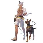  1boy abs alpha_transparency animal bangs bare_pectorals belt dark-skinned_male dark_skin erune eustace_(granblue_fantasy) eustace_(summer)_(granblue_fantasy) eyewear_removed granblue_fantasy gun hair_over_one_eye jewelry male_focus minaba_hideo muscular muscular_male navel necklace official_alternate_costume official_art one_eye_covered open_clothes open_shirt pectorals sandals shirt short_hair shorts sunglasses weapon white_hair white_shirt white_shorts 