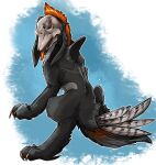  ambiguous_gender black_body black_ears black_fur bone claws feathers floppy_ears fur grey_body grey_feathers grey_fur hair imperatorcaesar open_mouth orange_claws orange_hair orange_tongue simple_background skull skull_head solo tail_feathers teeth tongue tongue_out 