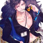  1boy bag belial_(granblue_fantasy) black_hair black_jacket del_(logicallogos) feather_boa granblue_fantasy highres holding holding_bag holding_eyewear jacket lanyard large_pectorals looking_to_the_side male_focus muscular muscular_male navel pectorals red_eyes revealing_clothes shopping_bag short_hair smile solo sunglasses teeth tinted_eyewear upper_body 