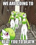  2021 :3 breasts cleavage clothed clothing english_text female fist gardevoir green_hair group hair hair_over_eye hi_res humanoid joker_(2019_film) joker_dancing medium_breasts meme menacing_(disambiguation) nintendo not_furry one_eye_obstructed parody pearboy-ooh photo_background pok&eacute;mon pok&eacute;mon_(species) red_eyes stairs text video_games 