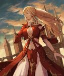  1girl arm_guards asymmetrical_clothes bangs blonde_hair blue_eyes breasts breasts_apart center_opening detached_sleeves dress earrings final_fantasy final_fantasy_xiv hyur jewelry long_hair looking_to_the_side lyse_hext medium_breasts muraicchi_(momocchi) ponytail red_dress solo 