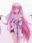  1girl absurdres bare_shoulders bell breasts closed_mouth cowboy_shot elysia_(herrscher_of_human:ego) elysia_(honkai_impact) gloves hair_ornament highres honkai_(series) honkai_impact_3rd interlocked_fingers long_hair looking_at_viewer own_hands_together pink_hair purple_eyes smile solo thigh_gap unique-blueberry very_long_hair white_gloves 
