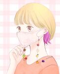  blonde_hair brown_eyes colored_inner_hair error hand_up highres jewelry multicolored_hair orange_shirt original pink_nails plaid plaid_background purple_hair shirt short_hair simple_background solo tanami_u upper_body white_mask 