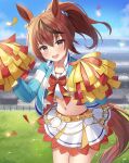  1girl :d animal_ears belt blue_jacket bow bowtie brown_eyes brown_hair cheerleader commentary confetti cowboy_shot crop_top highres holding horse_ears horse_girl horse_tail jacket kotomaru_(sirouko9511) long_hair long_sleeves looking_at_viewer midriff multicolored_hair navel nice_nature_(run&amp;win)_(umamusume) nice_nature_(umamusume) open_clothes open_jacket open_mouth outdoors pom_pom_(cheerleading) ponytail shirt skirt smile solo stomach streaked_hair tail umamusume white_shirt white_skirt 