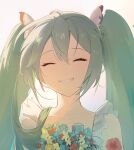  1girl bangs blue_flower bouquet bow collarbone facing_viewer flower green_hair grin hair_between_eyes hair_bow hatsune_miku highres holding holding_bouquet long_hair portrait red_flower shiny shiny_hair smile solo twintails ufff8522 vocaloid white_bow yellow_flower 