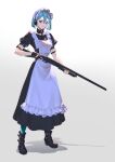  1girl absurdres apron aqua_hair black_choker black_dress black_footwear black_gloves boots choker dress fingerless_gloves full_body gloves green_eyes gun headset highres holding holding_gun holding_weapon maid maid_apron maid_headdress original puffy_short_sleeves puffy_sleeves shadow short_hair short_sleeves solo standing weapon weapon_request yappo_(point71) 