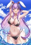  1girl absurdres animal_ears ass_visible_through_thighs bangs bikini black_bikini blue_sky breasts cleavage cloud hand_in_own_hair highres hossy large_breasts long_hair looking_at_viewer navel outdoors partially_submerged pink_eyes purple_hair rabbit_ears red_eyes reisen_udongein_inaba sky solo standing swimsuit touhou wet 