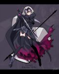  1girl ahoge armor armored_dress bangs black_thighhighs breasts chain cloak fate/grand_order fate_(series) flag grey_hair headpiece highres holding holding_flag holding_polearm holding_sword holding_weapon jeanne_d&#039;arc_alter_(avenger)_(fate) jeanne_d&#039;arc_alter_(fate) lance looking_at_viewer polearm rindo short_hair smile solo standing sword thighhighs weapon yellow_eyes 