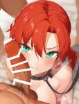  1boy 1girl absurdres bangs boudica_(fate) breasts collar collarbone erection fate/grand_order fate_(series) green_eyes hetero highres large_breasts leash looking_at_viewer mazenda_(3378) nude penis penis_on_face red_hair short_hair short_ponytail testicles 