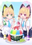  2girls :d absurdres animal_ear_headphones animal_ears black_shorts black_skirt blonde_hair blue_archive blue_bow blue_necktie bottle bow closed_mouth collared_shirt commentary_request dress_shirt fake_animal_ears fruit_cup green_eyes hair_bow halo hand_up hands_up harada_(sansei_rain) highres holding holding_bottle midori_(blue_archive) momoi_(blue_archive) multiple_girls necktie pleated_skirt purple_eyes red_bow shaved_ice shirt short_necktie short_shorts short_sleeves shorts siblings sidelocks sisters skirt smile suspender_skirt suspenders tail twins v watermelon_slice white_shirt 