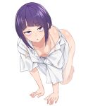  1girl all_fours boku_no_hero_academia bottomless breasts highres jirou_kyouka kobaji long_earlobes no_bra purple_eyes purple_hair short_hair simple_background 