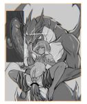  2boys absurdres anal clenched_teeth crop_top cross-section crossdressing dragon drooling elbow_gloves fire_emblem fire_emblem:_radiant_dawn gloves greyscale highres interspecies kurthnaga_(fire_emblem) large_insertion long_tongue male_focus miharu_(971794372) monochrome multiple_boys navel nipples otoko_no_ko penis prostate revealing_clothes sex short_hair spiked_penis teeth testicle_peek testicles thighhighs tongue yaoi 