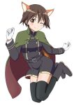  1girl alternate_costume black_thighhighs blush brown_eyes brown_hair cape closed_mouth eyebrows_hidden_by_hair full_body gloves green_cape highres kanata_mako looking_at_viewer military military_uniform miyafuji_yoshika one_eye_closed shiny shiny_hair short_hair simple_background smile solo strike_witches thighhighs uniform white_background white_gloves world_witches_series 