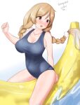  1girl absurdres banana_boat braid breasts cloud_hair_ornament gradient_hair highres kantai_collection large_breasts light_brown_hair long_hair looking_back maru_(marg0613) minegumo_(kancolle) multicolored_hair one-hour_drawing_challenge red_eyes school_swimsuit simple_background solo swimsuit twin_braids water white_background 