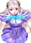  1girl :d capcom_fighting_jam commentary_request gloves hairpods highres ingrid_(capcom) jacket long_hair open_mouth pleated_skirt purple_jacket purple_skirt red_eyes skirt smile solo tetsu_(kimuchi) translation_request white_gloves white_hair 