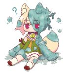  1girl ? animal_ear_fluff animal_ears bare_shoulders bell blonde_hair brown_collar collar detached_sleeves dress fox_ears fox_girl fox_tail green_dress green_sleeves hair_bun hair_ornament highres jingle_bell kemomimi-chan_(naga_u) looking_at_viewer mold naga_u neck_bell original purple_eyes red_footwear sailor_collar sailor_dress shadow simple_background sitting sleeveless sleeveless_dress sleeves_past_fingers sleeves_past_wrists socks solo tail white_background white_sailor_collar white_socks zouri 