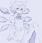  1641_(chfhrtor94) 1girl :/ bangs blue_theme blush bow cirno closed_mouth collared_shirt commentary dress feet_out_of_frame hair_between_eyes hair_bow highres ice ice_wings looking_at_viewer medium_hair monochrome neck_ribbon pinafore_dress puffy_short_sleeves puffy_sleeves raised_eyebrows ribbon shirt short_sleeves simple_background sitting solo touhou traditional_media white_shirt wings 
