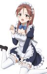  1girl alternate_costume blue_bow blue_bowtie blush bow bowtie breasts cleavage enmaided eyebrows_hidden_by_hair frilled_thighhighs frills highres kanata_mako large_breasts long_hair looking_at_viewer maid maid_headdress minna-dietlinde_wilcke open_mouth red_hair shiny shiny_hair simple_background sitting smile solo strike_witches thighhighs white_background white_thighhighs world_witches_series yellow_eyes 