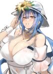  1girl absurdres bangs bare_shoulders blue_hair blush breasts character_request choker cleavage copyright_request detached_sleeves endou_(zettai_bluenoid) flower grey_eyes grin hair_between_eyes halterneck hat hat_flower highres huge_breasts jewelry long_hair looking_at_viewer necklace short_sleeves simple_background smile solo upper_body very_long_hair white_background white_choker white_headwear yellow_flower 