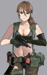  1girl asymmetrical_gloves bangs bikini black_bikini black_eyes black_gloves breasts brown_eyes brown_hair cleavage gloves green_gloves grey_background gun handgun harness highres holding holding_gun holding_weapon long_hair looking_at_viewer metal_gear_(series) metal_gear_solid_v mismatched_gloves mole mole_under_eye navel perfect_han ponytail quiet_(metal_gear) simple_background solo swimsuit trigger_discipline weapon 