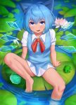  1girl absurdres bangs barefoot blue_bow blue_dress blue_eyes blue_hair bow cirno dress hair_bow highres ice ice_wings lily_pad looking_at_viewer masamika10086 open_mouth puffy_short_sleeves puffy_sleeves red_ribbon ribbon short_hair short_sleeves sitting solo tan tanned_cirno touhou wings 
