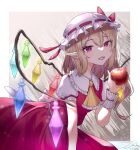  1girl absurdres apple ascot back_bow blonde_hair bow collared_shirt crystal dated fangs flandre_scarlet food frilled_ascot frilled_shirt_collar frills fruit glowing glowing_wings hair_between_eyes hat highres holding holding_food holding_fruit leaning_forward medium_hair mob_cap multicolored_wings open_mouth pointy_ears puffy_short_sleeves puffy_sleeves red_eyes red_ribbon red_skirt red_vest ribbon ribbon-trimmed_headwear ribbon_trim shirt short_sleeves side_ponytail signature simple_background skirt skirt_set solo touhou vest white_bow white_headwear white_shirt wings wrist_cuffs yellow_ascot zerotsu_0215 