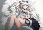  1girl arknights arm_strap arm_up bangs bare_shoulders belt blue_flower braid casual_one-piece_swimsuit crocodilian_tail eyes_visible_through_hair feet_out_of_frame flower grey_hair hair_flower hair_ornament hair_over_one_eye hand_on_own_stomach large_tail legs_up long_hair looking_at_viewer lying official_alternate_costume on_back on_bed one-piece_swimsuit parted_lips pg_(pgouwoderen) pointy_ears side_braid solo swimsuit tail tomimi_(arknights) tomimi_(silent_night)_(arknights) very_long_hair white_flower wrist_cuffs yellow_eyes 