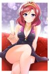  1girl bare_shoulders blush border breasts champagne_flute cleavage commentary_request couch crossed_legs cup dress drinking_glass highres holding holding_cup jewelry kirisaki_reina looking_at_viewer love_live! love_live!_school_idol_project medium_breasts medium_hair necklace nishikino_maki on_couch purple_dress purple_eyes red_hair sitting sleeveless sleeveless_dress smile solo sparkle tiara white_border 