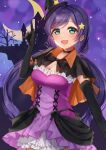  1girl :d absurdres black_capelet blush breasts capelet castle commentary_request crescent_moon dress green_eyes halloween_costume hat highres large_breasts long_hair looking_at_viewer love_live! love_live!_school_idol_project low_twintails mini_hat moon night orange_capelet purple_dress purple_hair smile solo tilted_headwear toujou_nozomi twintails two-tone_capelet very_long_hair witch_hat yoshinon_(yoshinon_kotori) 