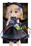  1girl alternate_costume bare_shoulders blonde_hair blurry blurry_background bow choker cup drinking_straw flandre_scarlet highres holding holding_cup looking_at_viewer low_wings pointy_ears ramochi red_eyes solo tearing_up touhou wings 