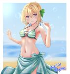  1girl ame-san bikini blonde_hair blurry blurry_background braid braided_bangs braided_bun breasts collarbone dated green_bikini green_sarong hair_bun highres kantai_collection long_hair medium_breasts navel official_alternate_costume perth_(kancolle) purple_eyes revision sarong smile solo striped striped_bikini swimsuit twitter_username 