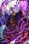  1girl absurdly_long_hair arm_up black_dress black_feathers book castle commission dress fantasy feathers fire fire_emblem fire_emblem:_the_binding_blade fire_emblem_heroes highres holding holding_book long_hair long_sleeves moreshan official_alternate_costume pixiv_request purple_eyes purple_fire purple_hair serious signature skeb_commission solo sophia_(fire_emblem) tumblr_username twitter_username very_long_hair 