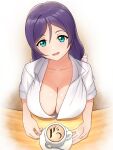  1girl breasts cleavage coffee coffee_cup collarbone cup disposable_cup green_eyes head_tilt highres ibispaint large_breasts long_hair looking_at_viewer looking_up love_live! love_live!_school_idol_project no_bra open_mouth purple_hair shirt sitting solo table toujou_nozomi white_shirt yisusjpl 