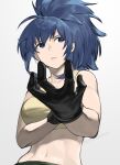  1girl adjusting_clothes adjusting_gloves akisa_(12023648) bangs bare_arms bare_shoulders black_gloves blue_eyes blue_hair breasts commentary crop_top gloves gradient gradient_background grey_background jewelry leona_heidern midriff navel parted_lips ponytail sleeveless solo sports_bra stomach the_king_of_fighters the_king_of_fighters_xiv the_king_of_fighters_xv upper_body 
