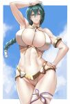  1girl abs absurdres anagumasan arm_up armpits bangs bare_shoulders bikini blue_sky bracelet braid breasts circlet cleavage closed_mouth cloud cloudy_sky collarbone day fingernails fire_emblem fire_emblem_heroes gold_trim green_hair hair_ornament halterneck hand_on_hip highleg highleg_bikini highres jewelry large_breasts lips long_hair looking_at_viewer navel official_alternate_costume outdoors shiny shiny_hair simple_background single_braid sky solo stomach swimsuit thigh_strap thighs thorr_(fire_emblem) white_bikini yellow_eyes 
