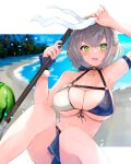  1girl absurdres arm_strap arm_up armpits beach bikini breasts chankuro cleavage food fruit green_eyes grey_hair highres hololive large_breasts looking_at_viewer mace shirogane_noel short_hair solo swimsuit virtual_youtuber watermelon weapon 