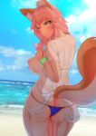  1girl animal_ear_fluff animal_ears ass bikini bikini_under_clothes blue_bikini blush breasts fate/grand_order fate_(series) fox_ears fox_girl fox_tail ginger_l highres large_breasts looking_at_viewer looking_back nipples ocean one_eye_closed outdoors pink_hair see-through shirt side-tie_bikini solo swimsuit tail tamamo_(fate) tamamo_no_mae_(swimsuit_lancer)_(fate) tamamo_no_mae_(swimsuit_lancer)_(second_ascension)_(fate) wet wet_clothes wet_shirt 