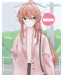  1girl absurdres bag bow brown_hair coat doki_doki_literature_club green_eyes highres long_hair monika_(doki_doki_literature_club) ponytail road road_sign sign smile stop_sign street turtleneck yana_neru2209 